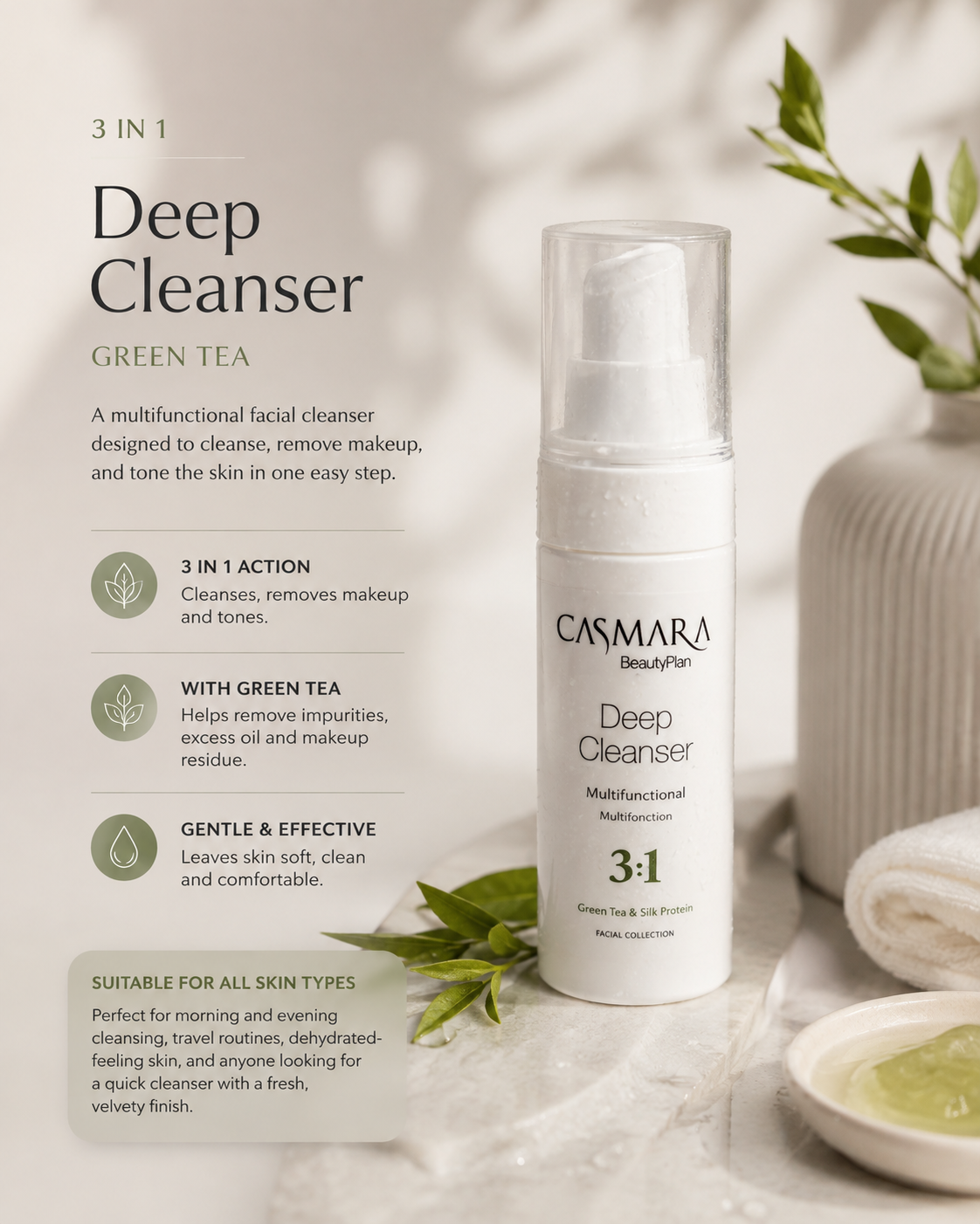 Casmara – 3 in 1 Deep Cleanser Green Tea – Travel size 60 ml